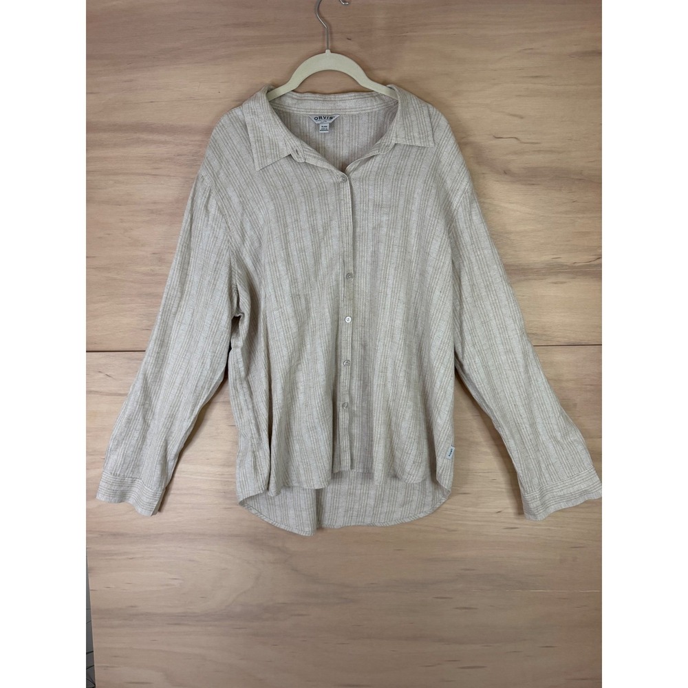 Orvis Womens XL Linen Blend Roll Tab Sleeve Button Down Striped Shirt Beige